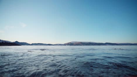 A-Pet-Dog-With-A-Red-Rope-Walking-On-The-Beach-Shore-With-View-Of-Blue-Summer-Sky-Over-The-Mountains