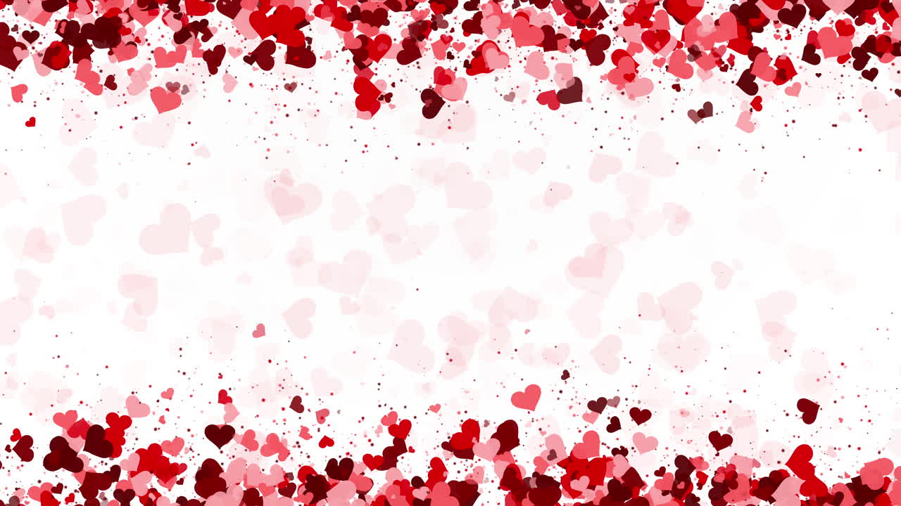 Valentine's day border with flying hearts. Holiday decoration animation red hearts on white background. Loop motion graphic. Copy space.