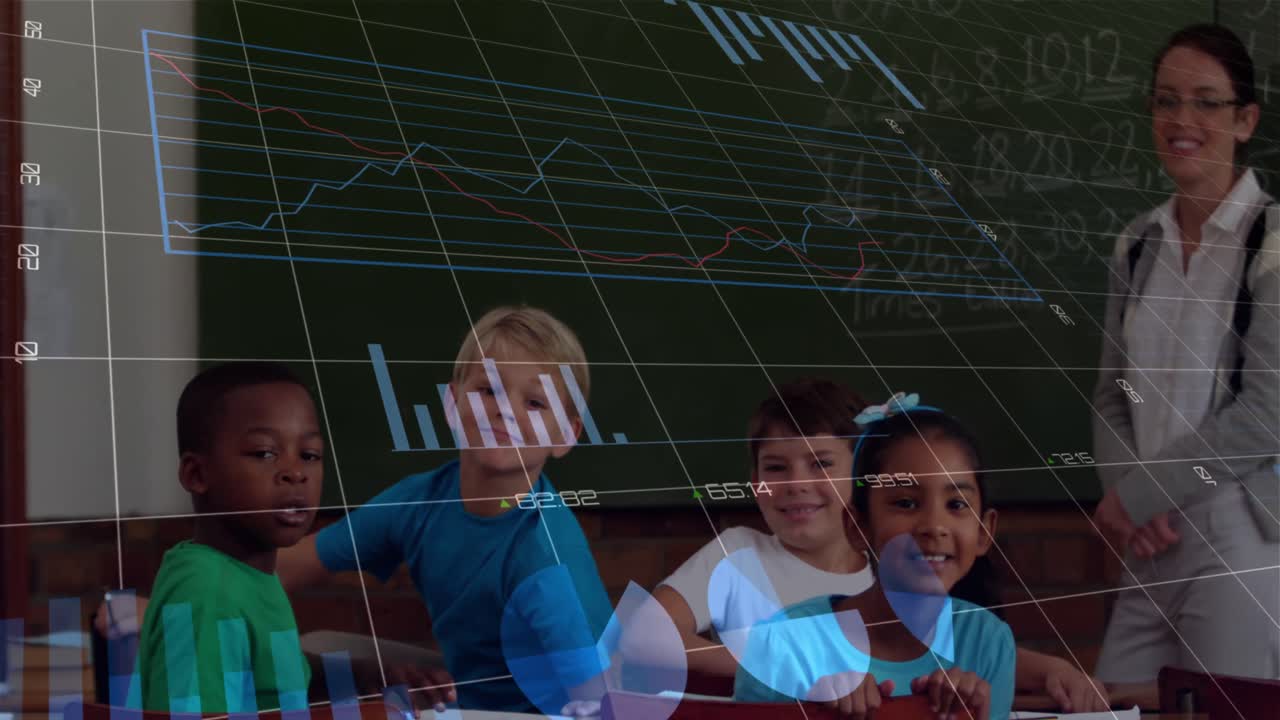 Animation of data processing over diverse group of pupils with female ...