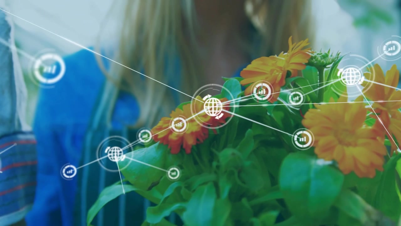 庭師が手袋をした手をオレンジ色の花の上に hovering させ、健康状態を評価するHUDノードとラインを起動
