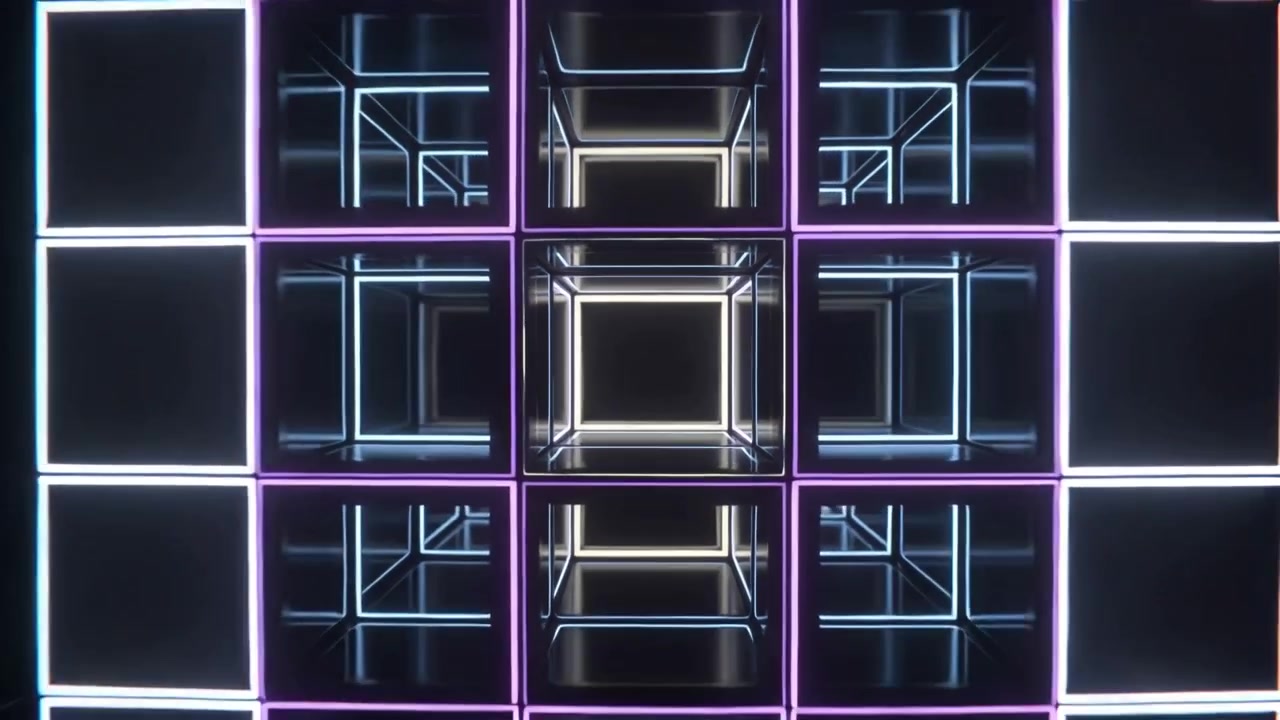 Pulling back camera, neon wireframe shifting perspective in void, revealing cube matrix, mirrors