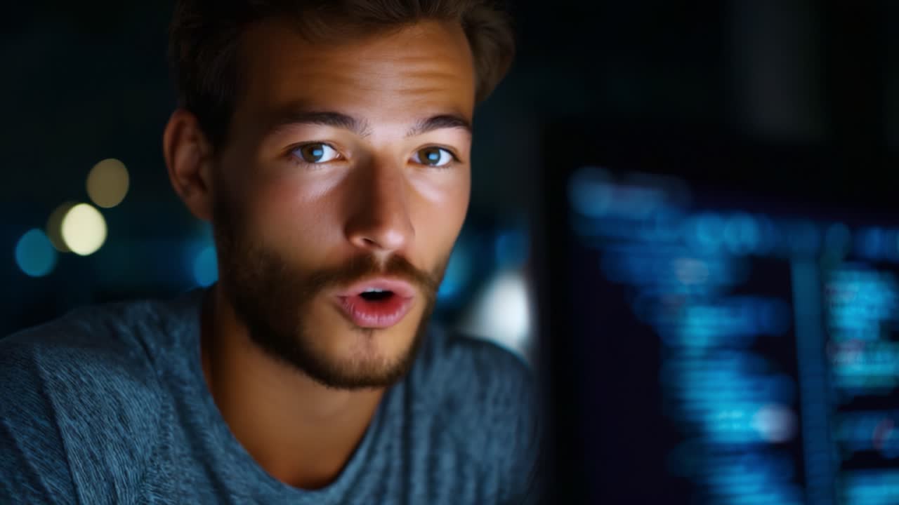 Focused Young Man Engaged in Deep Thought While Working on Computer in a Dimly Lit Environment, Highlighting Tech, Intensity, and Thoughtful Expression