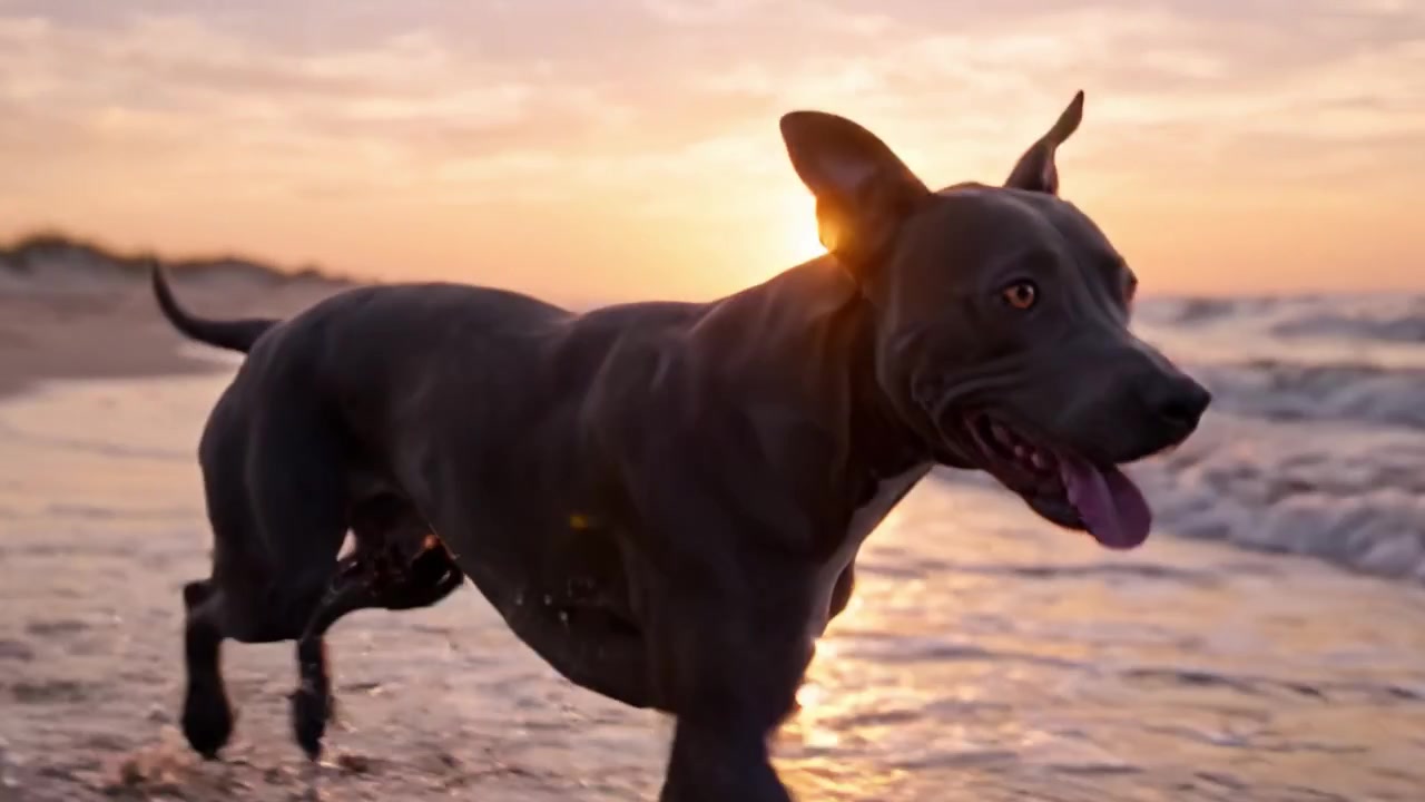 Un cane gioioso che insegue le onde al tramonto sulla spiaggia, catturando l'essenza della libertà e della giocosità nel sereno paesaggio della natura