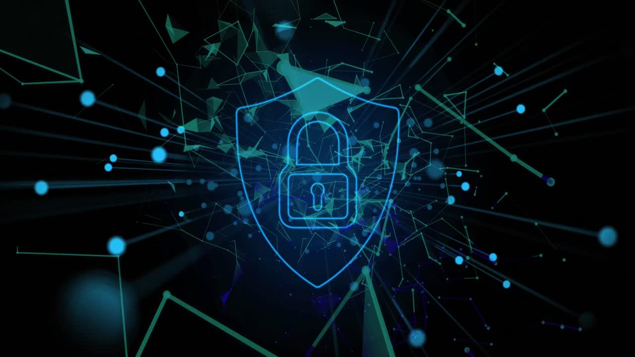 Security padlock icon over plexus networks against black background