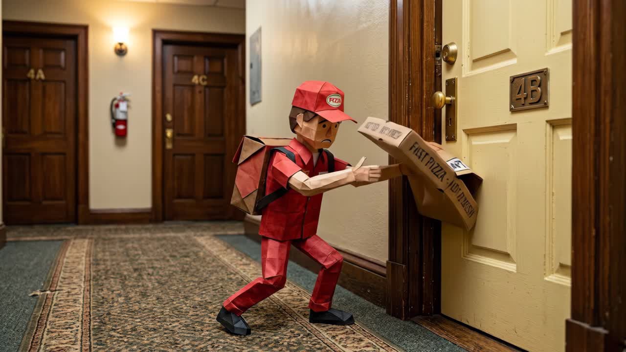 Fattorino di pizza in papercraft che fatica con una scatola incastrata