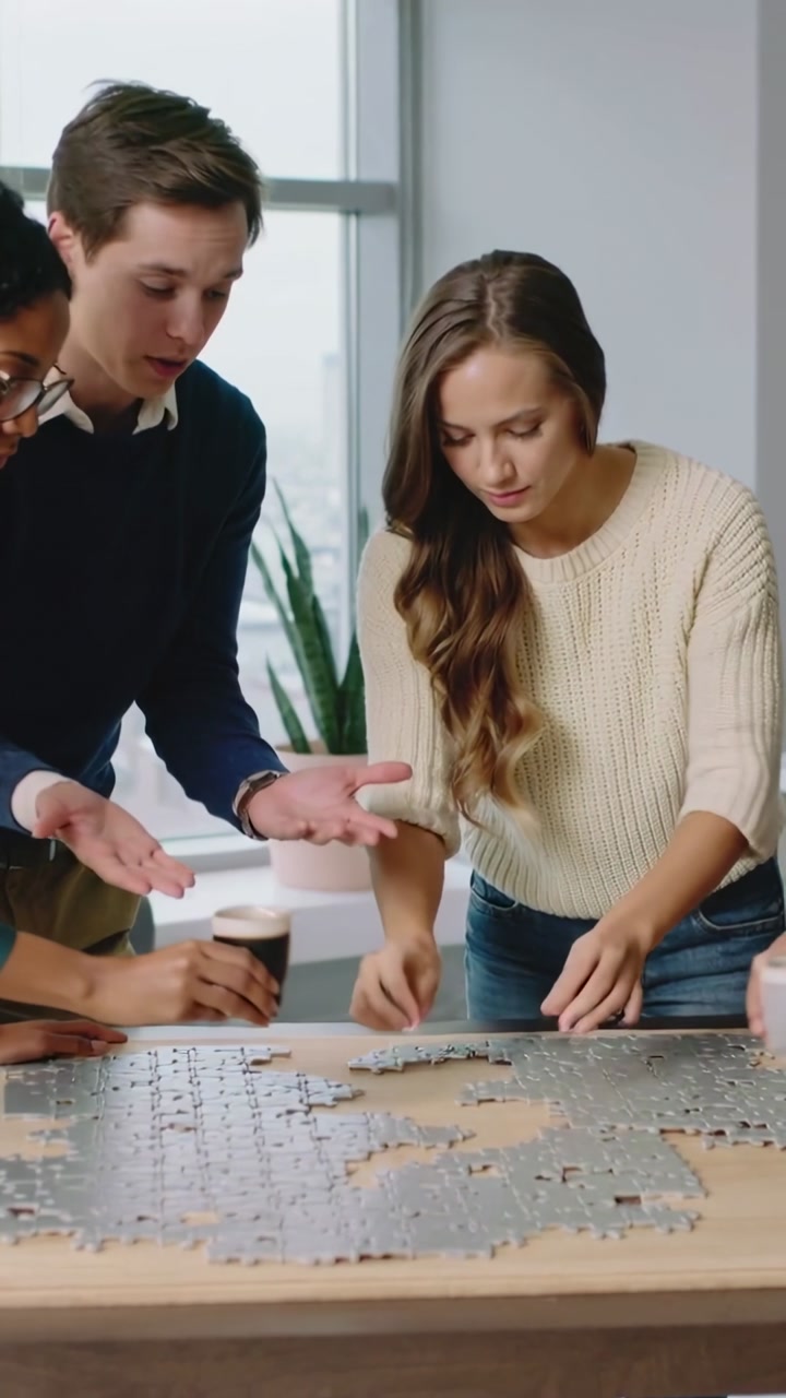 Vertical video: Woman picking puzzle piece at table, causing visual overlay guiding team-building