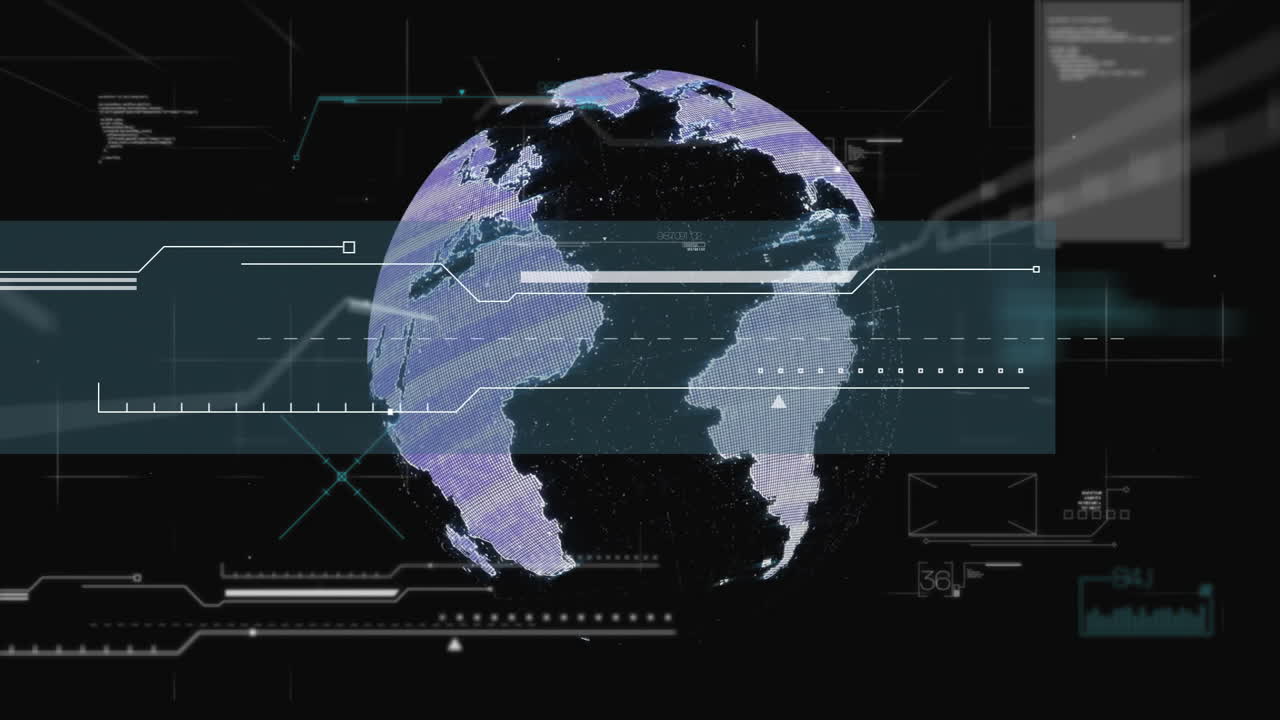 Digital world map and data processing animation over rotating globe