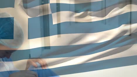 Digital-composition-of-greece-flag-waving-over-stressed-caucasian-female-health-worker-at-hospital