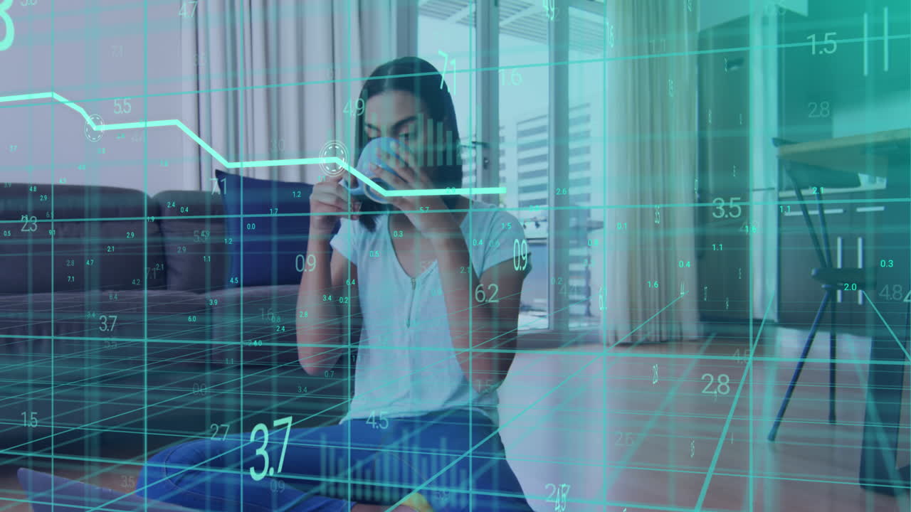 Animation of data processing over woman using laptop