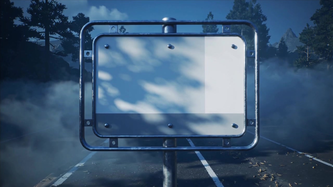 Tilting camera revealing blank metal road sign entering frame on tree-lined two-lane road with fog