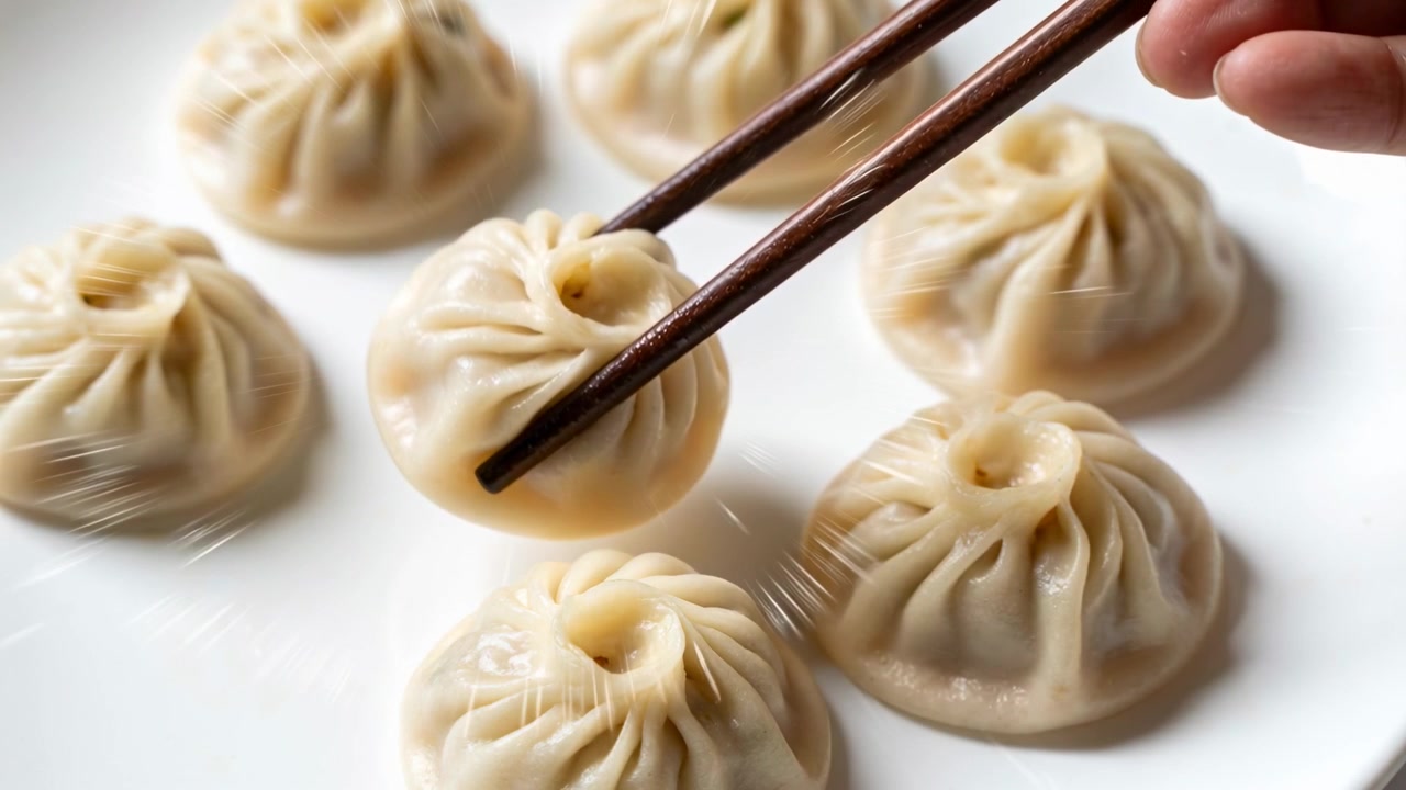 Reaching hand from upper-right lifting xiao long bao from plate on table, with chopsticks to eat