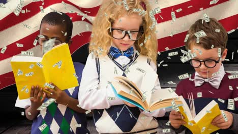 animation of schoolchildren learning and banknotes falling over american flag