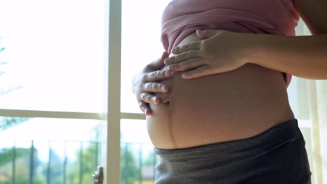 Happy pregnant woman and expecting baby at home.