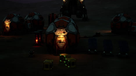 mars colony base with illuminated habitats and equipment at night