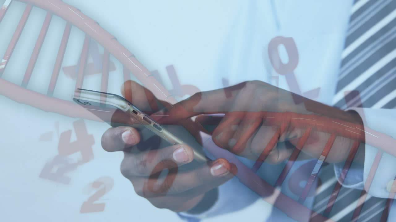 animazione di un uomo che usa uno smartphone su una stringa di dna