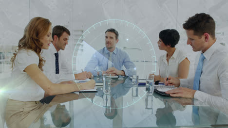 animation of scope scanning over diverse business people talking