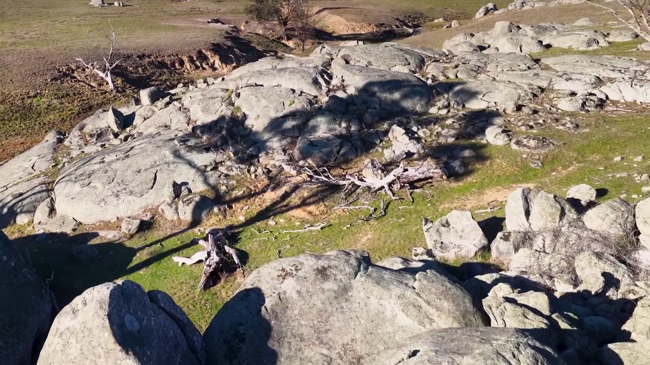 Kırsal Yeni Güney Galler'de devasa granit kaya oluşumları ve okaliptüs ağaçları üzerinde drone çekimi