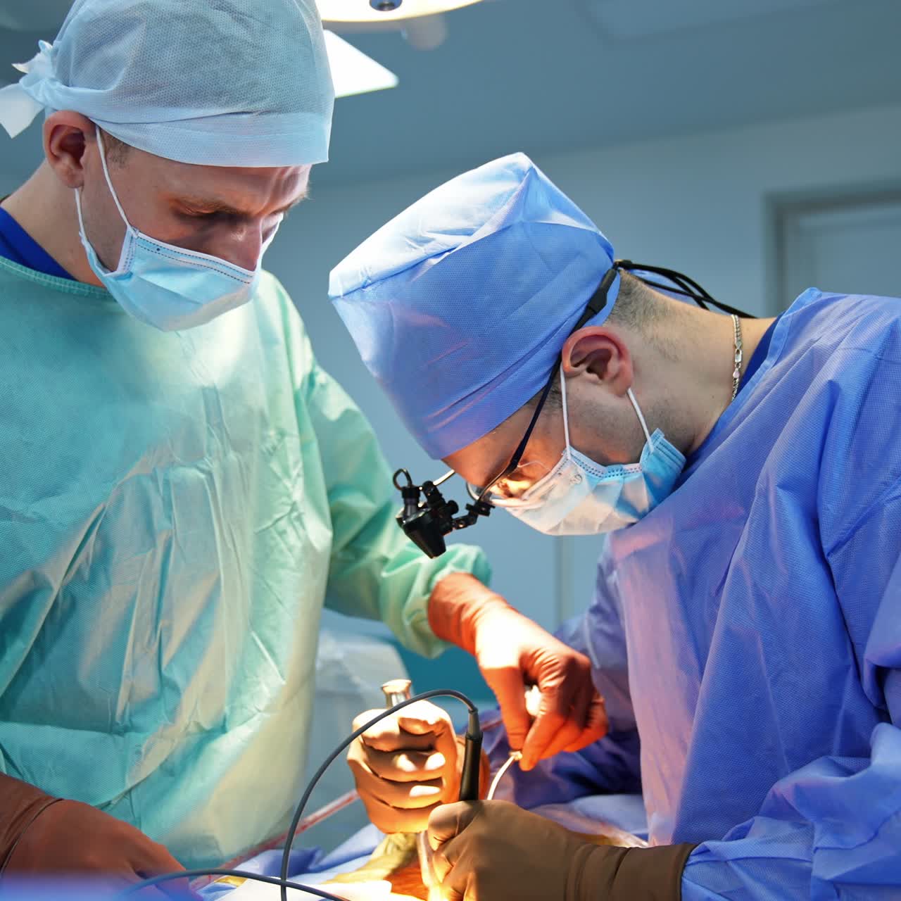 Chirurgo al lavoro durante un'operazione, curvo sul paziente e intento a utilizzare gli strumenti. Assistente maschio che aiuta il dottore.