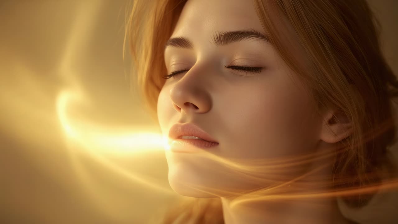 Modello in posa con gli occhi chiusi mentre una luce dorata illumina il viso per un bagliore cinematografico con granelli