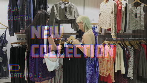 animation of new collection text on video camera screen with digital interface and women shopping