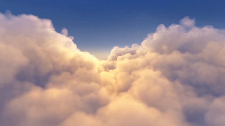 Journey Through Golden Clouds with Blue Sky Above