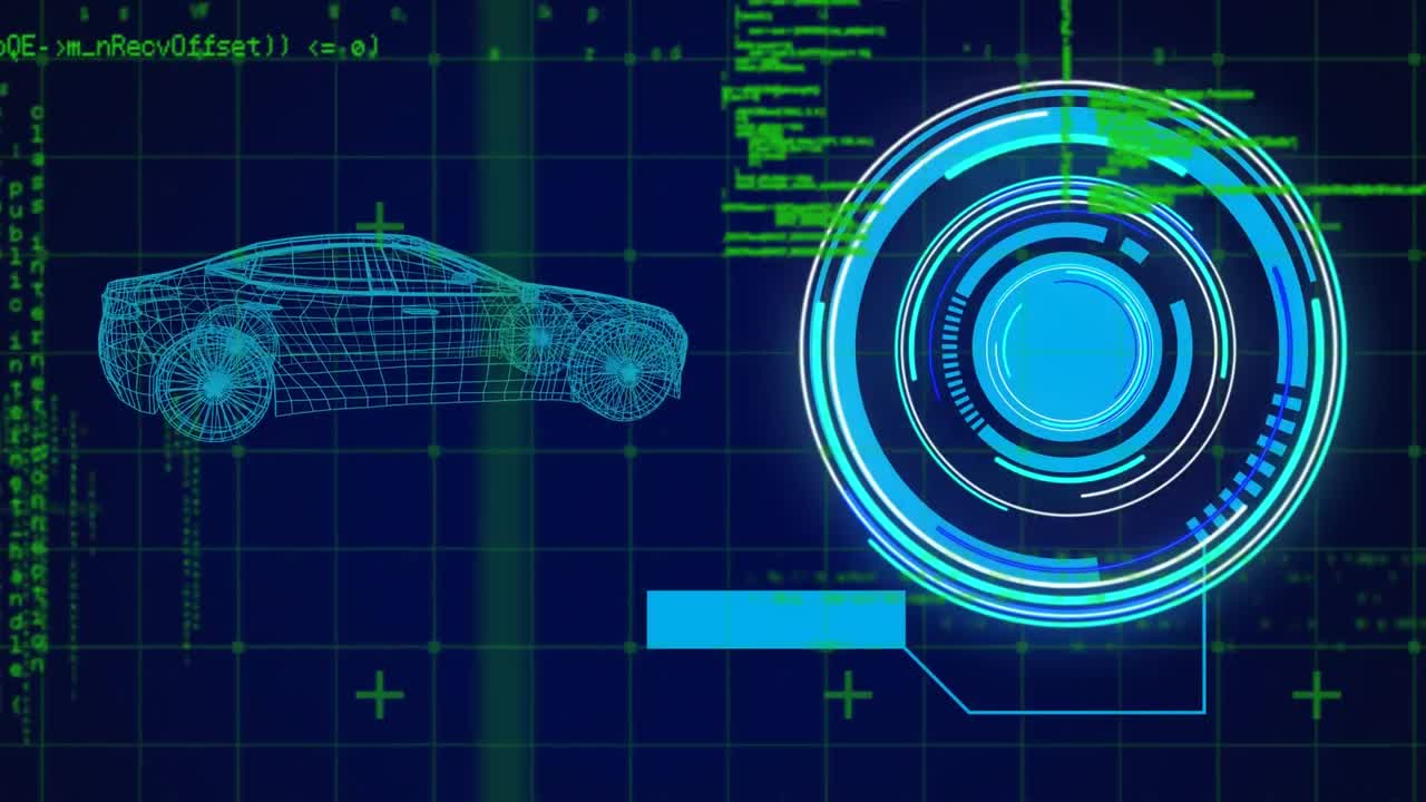 animación de escáner redondo, procesamiento de datos y modelo de coche 3d giratorio contra un fondo azul