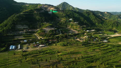 tourism building location on hillside near palm tree forest in lombok,indonesia aerial view