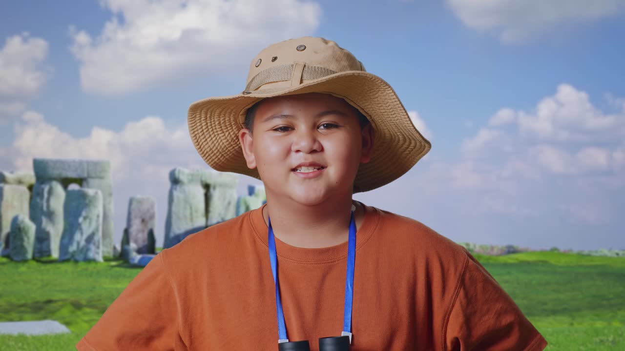 Asian Boy With A Hat And Binoculars Smiling To Camera With Arms Akimbo While Traveling In Stonehenge. Boy Researcher Examines Something, Travel Tourism Adventure, Close Up