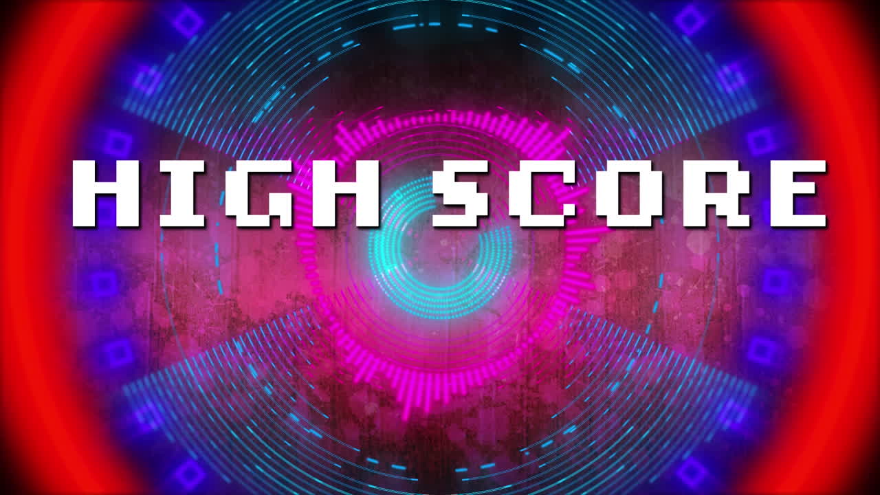 Animazione digitale del testo "high score" su uno scanner rotondo al neon su sfondo rosa.