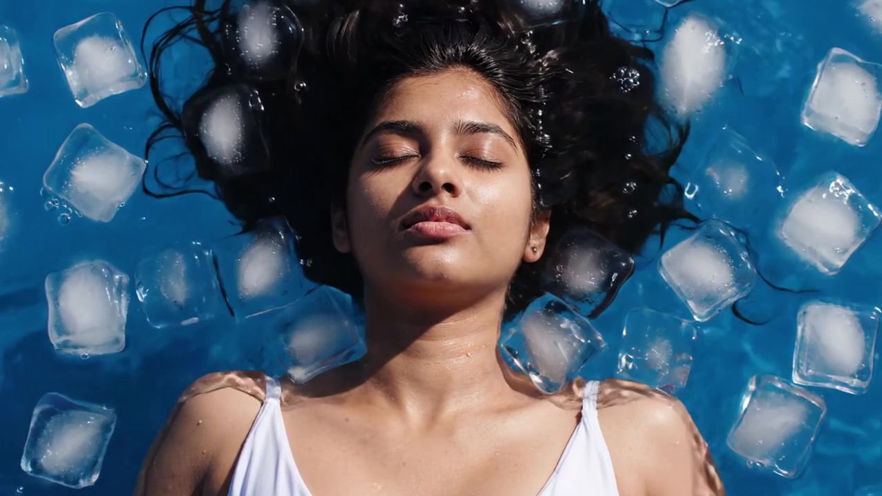 Un momento tranquillo catturato nel tempo, con una donna che galleggia pacificamente in una serena piscina blu circondata da cubetti di ghiaccio, incarnando relax e calma.