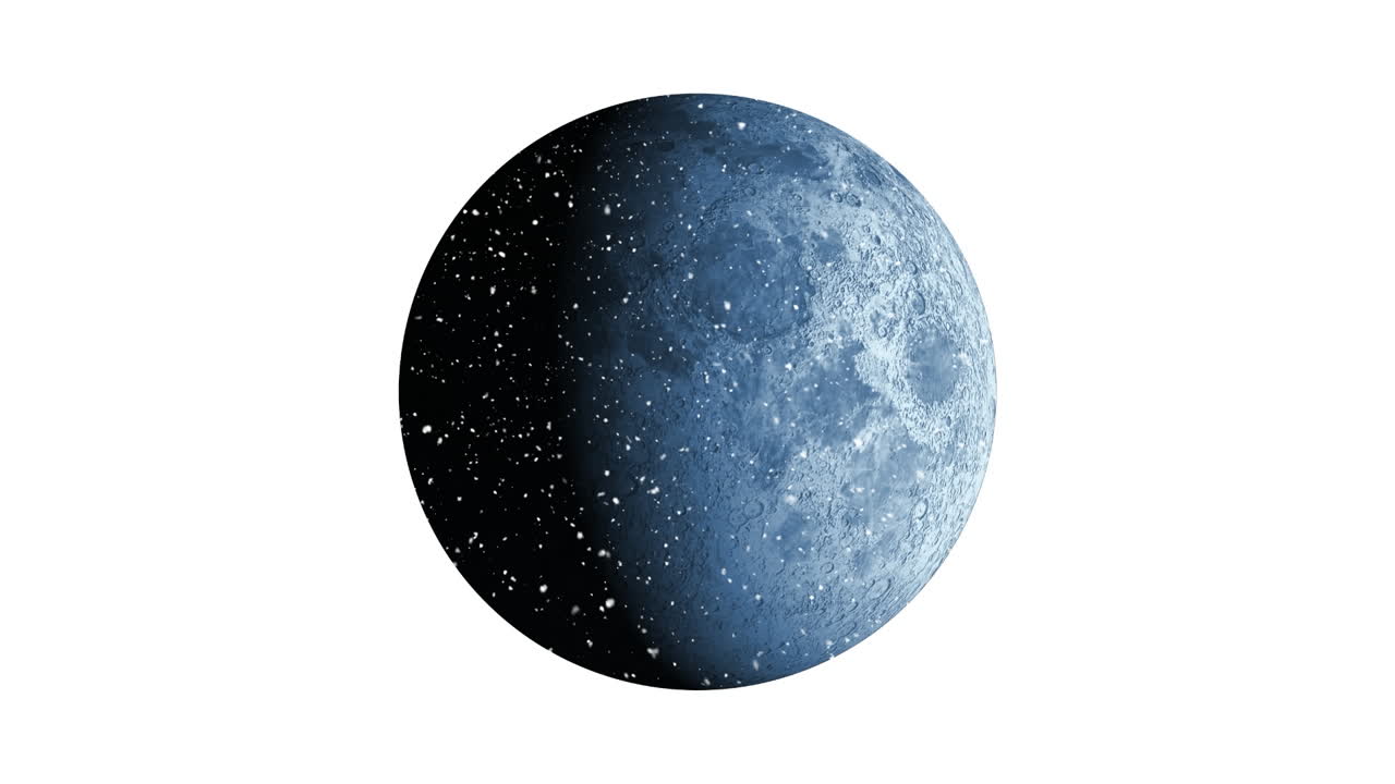 Animation of snow falling over full moon on white background