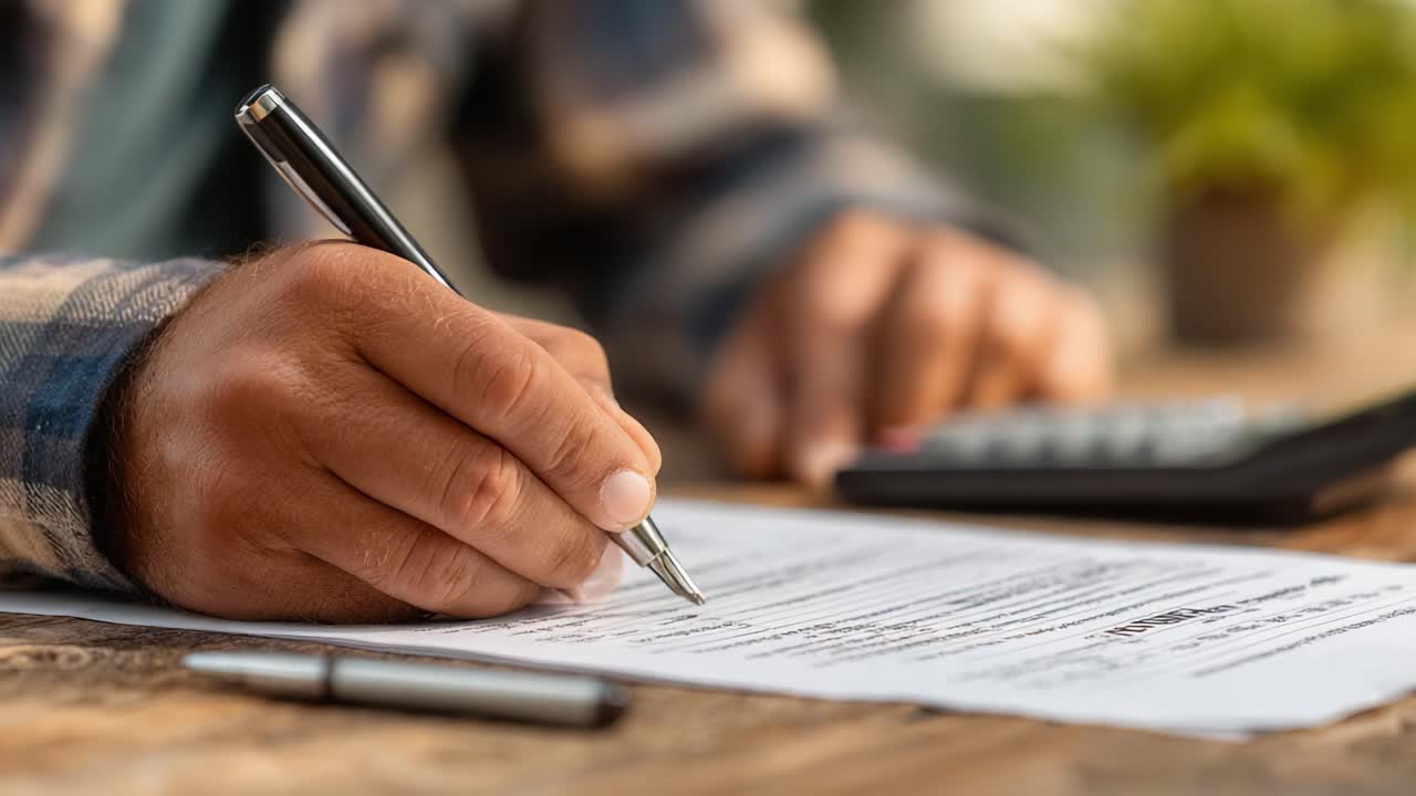 A Close-Up of a Person Signing Important Documents with a Pen, Highlighting Focus and Attention to Detail in a Calm Workspace Environment
