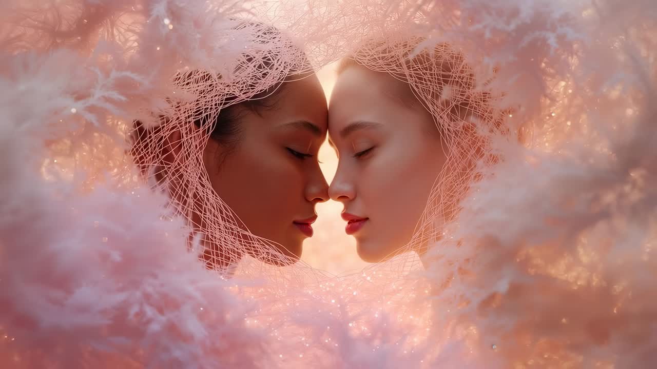 Eine sanfte, rosa Zeichnung, die zwei weibliche Gesichter in einer Wolkenlandschaft zusammenführt, mit Mesh und Glitter