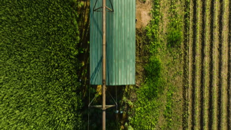 A-harvester-in-dardanelle,-ar,-usa-cutting-crops,-lush-green-fields-on-a-sunny-day,-top-down-perspective,-aerial-view