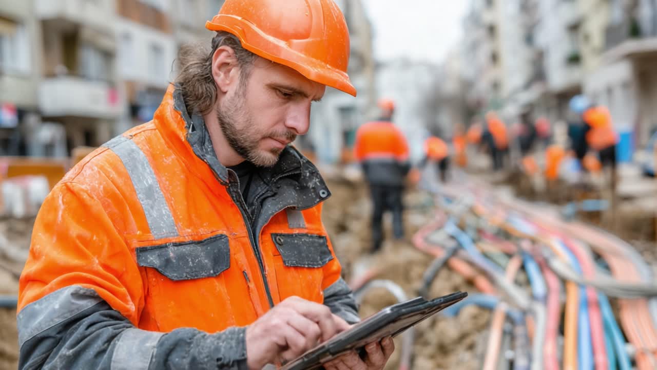 A Construction Worker in an Orange Safety Helmet Reviews Plans on a Tablet While Overseeing the Excavation Project in an Urban Setting During a Workday