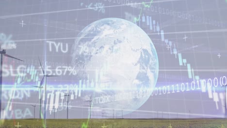 animación del procesamiento de datos del mercado de valores en un globo contra molinos de viento giratorios en pastizales.