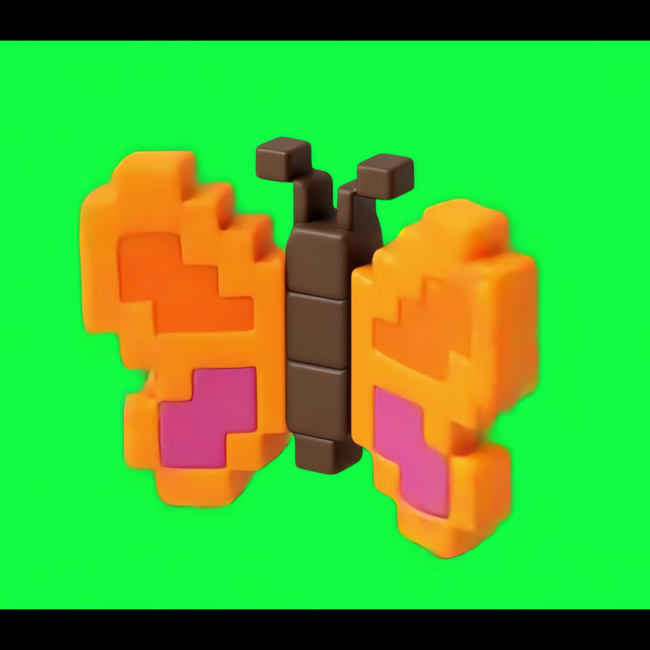 Pixelated butterfly toy design animation isolated asset, transparent 4K video, alpha channel, ProRes