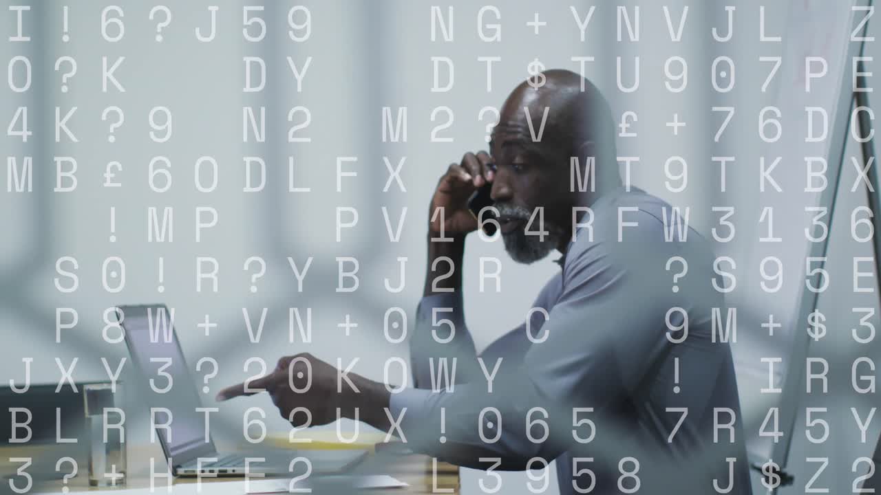 Animation of data processing over african american businessman using smartphone