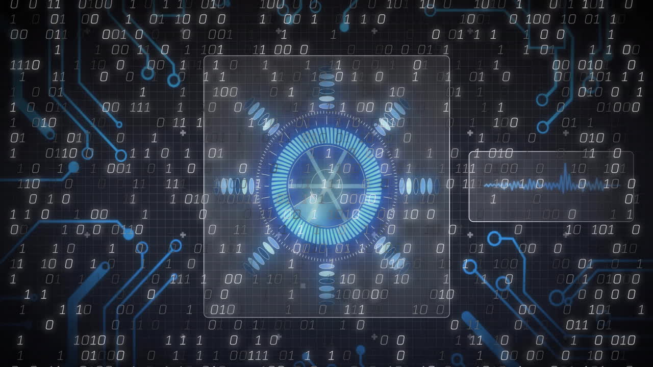 Animation of digital interface with blue gear and binary code in school setting