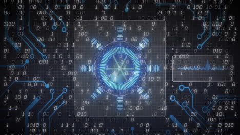 animation of digital interface with blue gear and binary code in school setting
