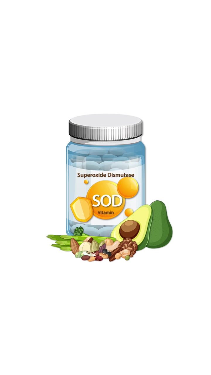 Vitamin bottle gradually surrounded by avocado, nuts, broccoli, and greens in smooth, bright animation