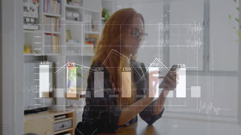 animación de diagramas y procesamiento de datos sobre mujer de negocios caucásica usando teléfono inteligente