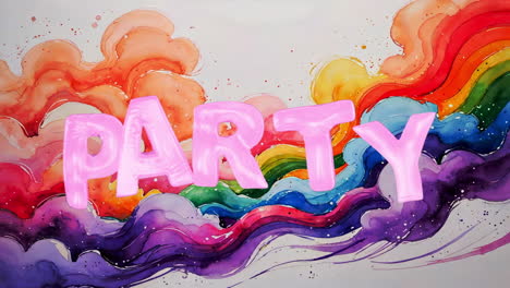 pink 'party' text on colorful watercolor background