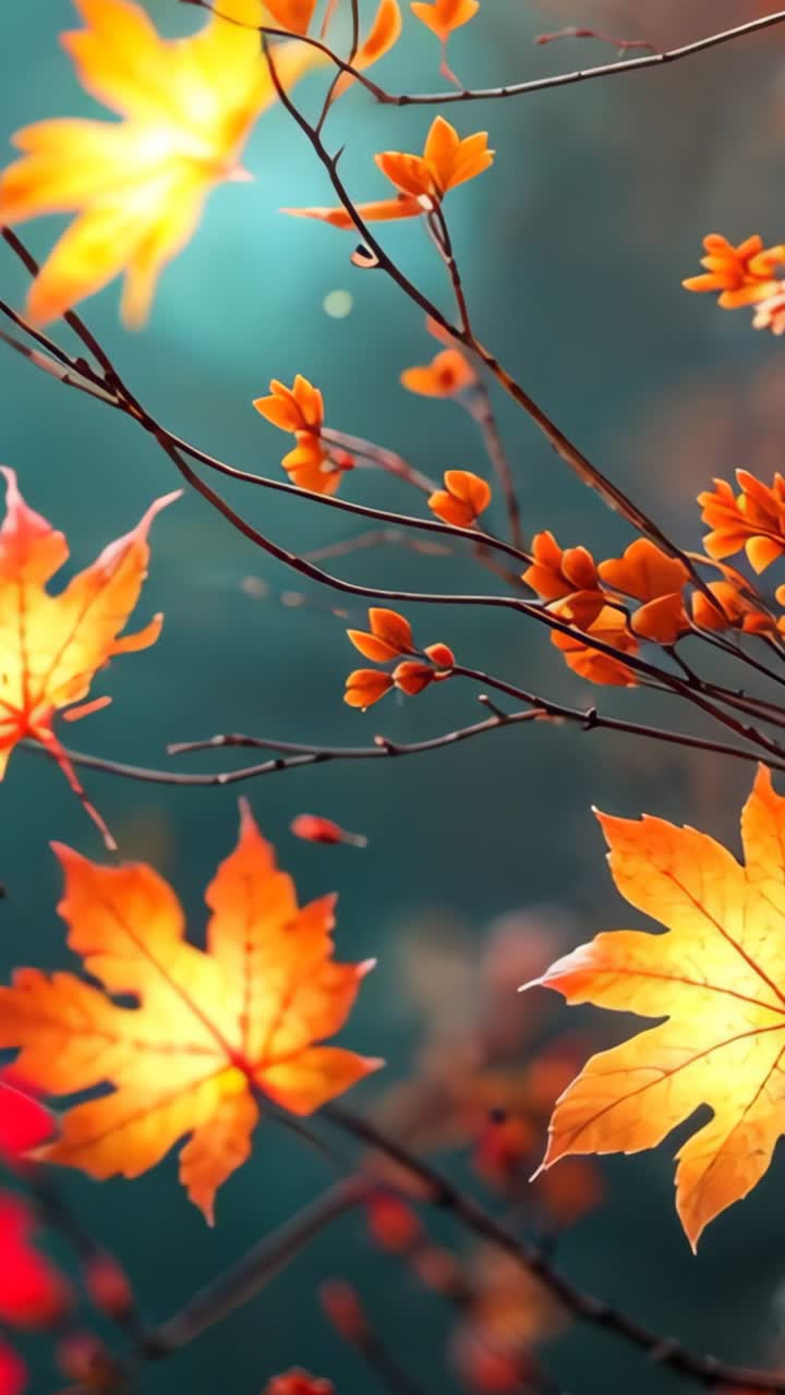 Vertical video: Breeze sweeping branch bearing maple leaf and buds across teal blur dotted by orbs