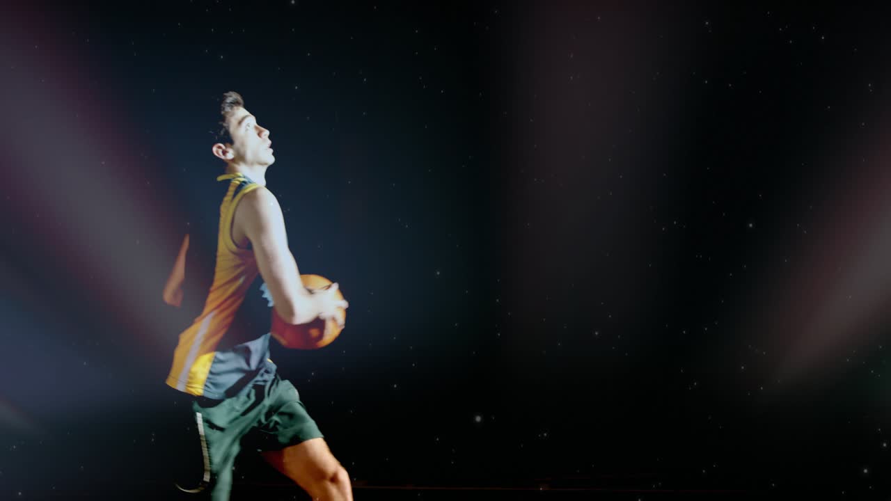 Basketball player driving left, gathering, leaping to hoop, scoring while beams highlighting player