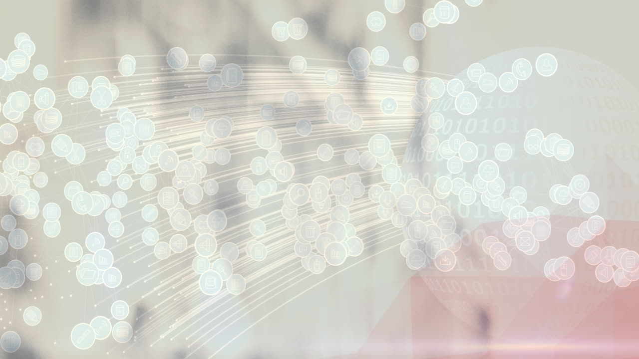 흐릿한 배경 위에 디지털 아이콘이 있는 지구의 애니메이션