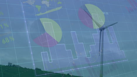 wind turbine and landscape with data charts and graphs animation