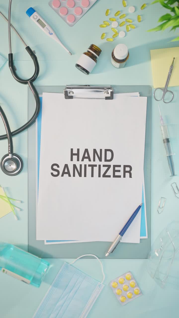 VERTICAL VIDEO OF HAND SANITIZER WRITTEN ON MEDICAL PAPER