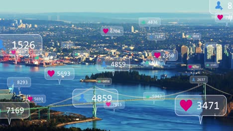 Animación-De-íconos-De-Redes-Sociales-Con-Contador-En-Lapso-De-Tiempo-De-Barcos-Moviéndose-En-El-Mar-En-Medio-Del-Paisaje