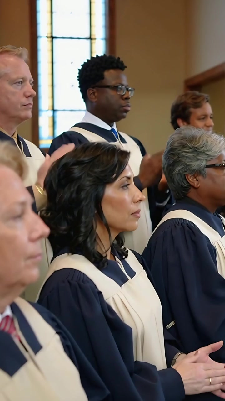 Vertical video: Clapping choir members responding to hymn starting in sanctuary, wearing navy robes